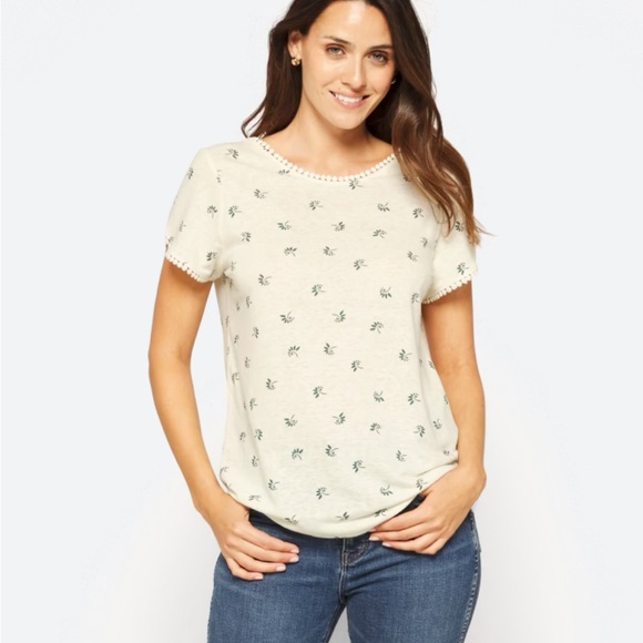 Market & Spruce Flora Crochet Trim Linen Blend Tee - Picture 1 of 4